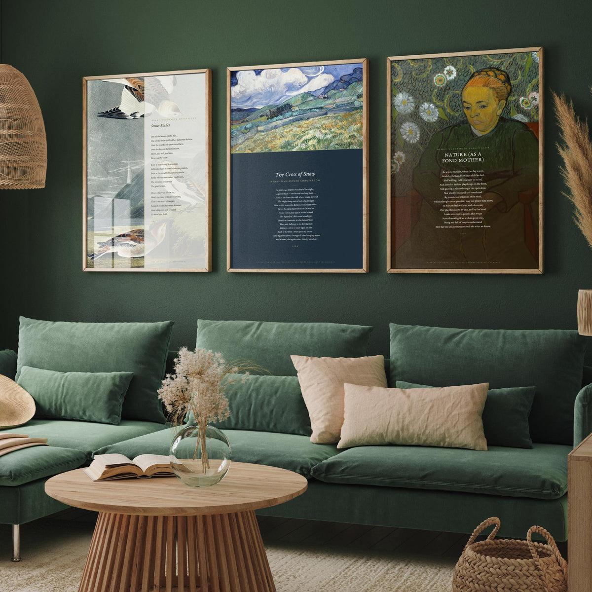 Longfellow Set of Three Art Prints - Snow-Flakes, The Cross of Snow, Nature as a Fond Mother - Full Poems over Classic Paintings - Poster V1