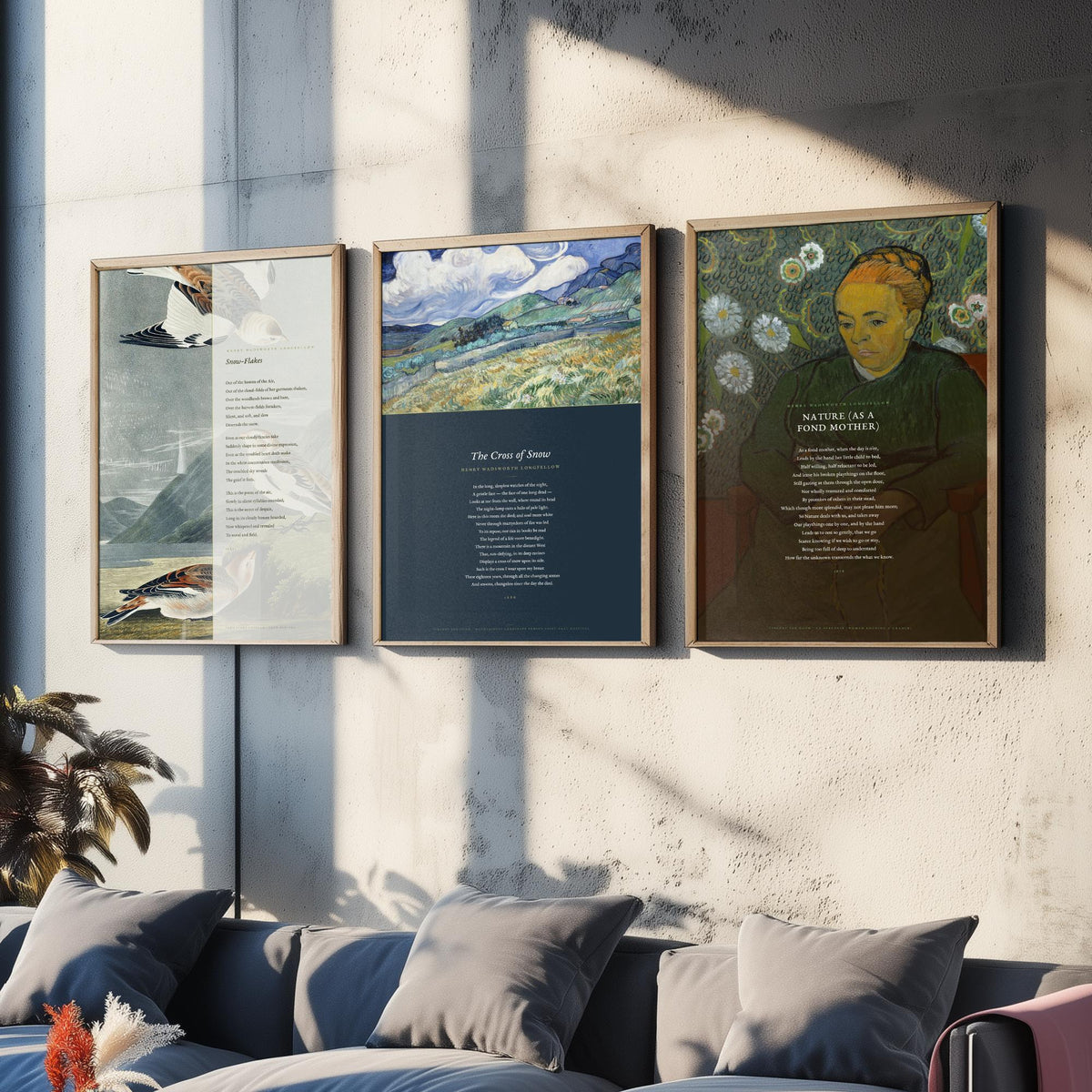 Longfellow Set of Three Art Prints - Snow-Flakes, The Cross of Snow, Nature as a Fond Mother - Full Poems over Classic Paintings - Poster V1