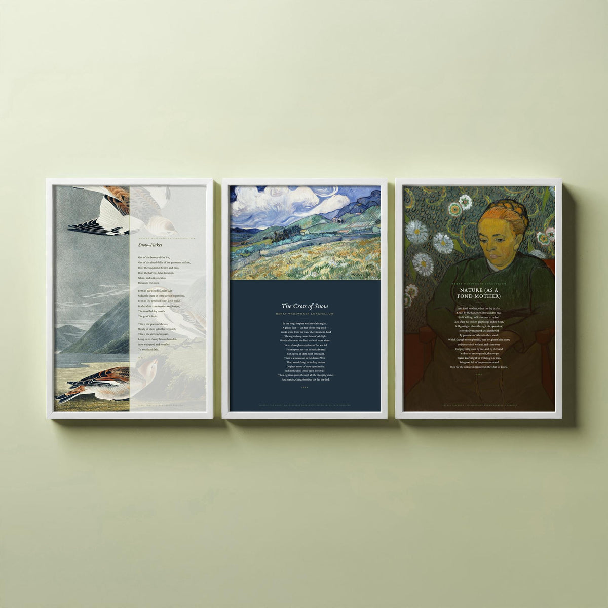 Longfellow Set of Three Art Prints - Snow-Flakes, The Cross of Snow, Nature as a Fond Mother - Full Poems over Classic Paintings - Poster V1