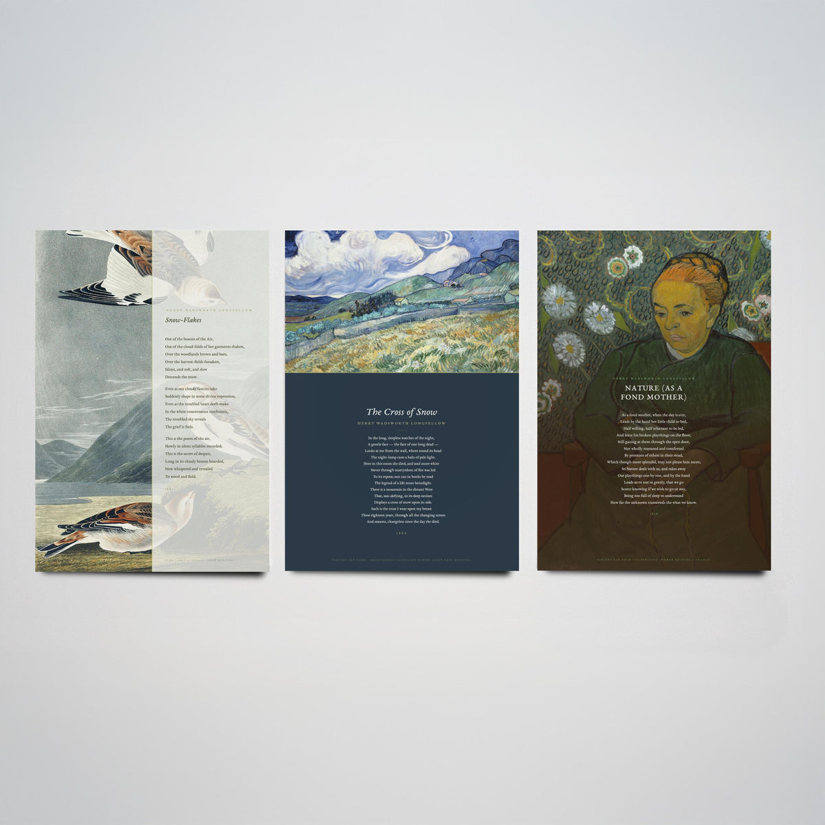 Longfellow Set of Three Art Prints - Snow-Flakes, The Cross of Snow, Nature as a Fond Mother - Full Poems over Classic Paintings - Poster V1