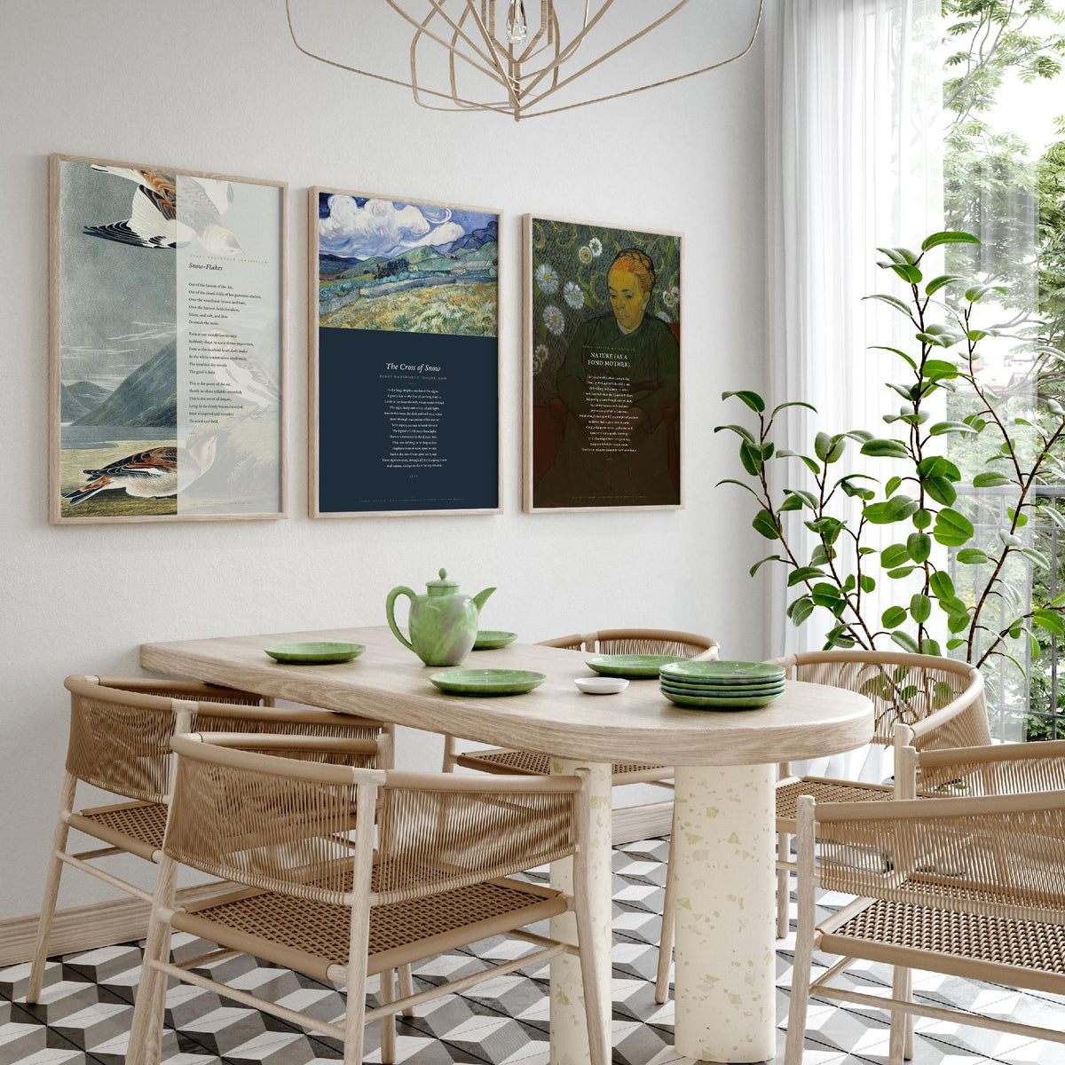 Longfellow Set of Three Art Prints - Snow-Flakes, The Cross of Snow, Nature as a Fond Mother - Full Poems over Classic Paintings - Poster V1