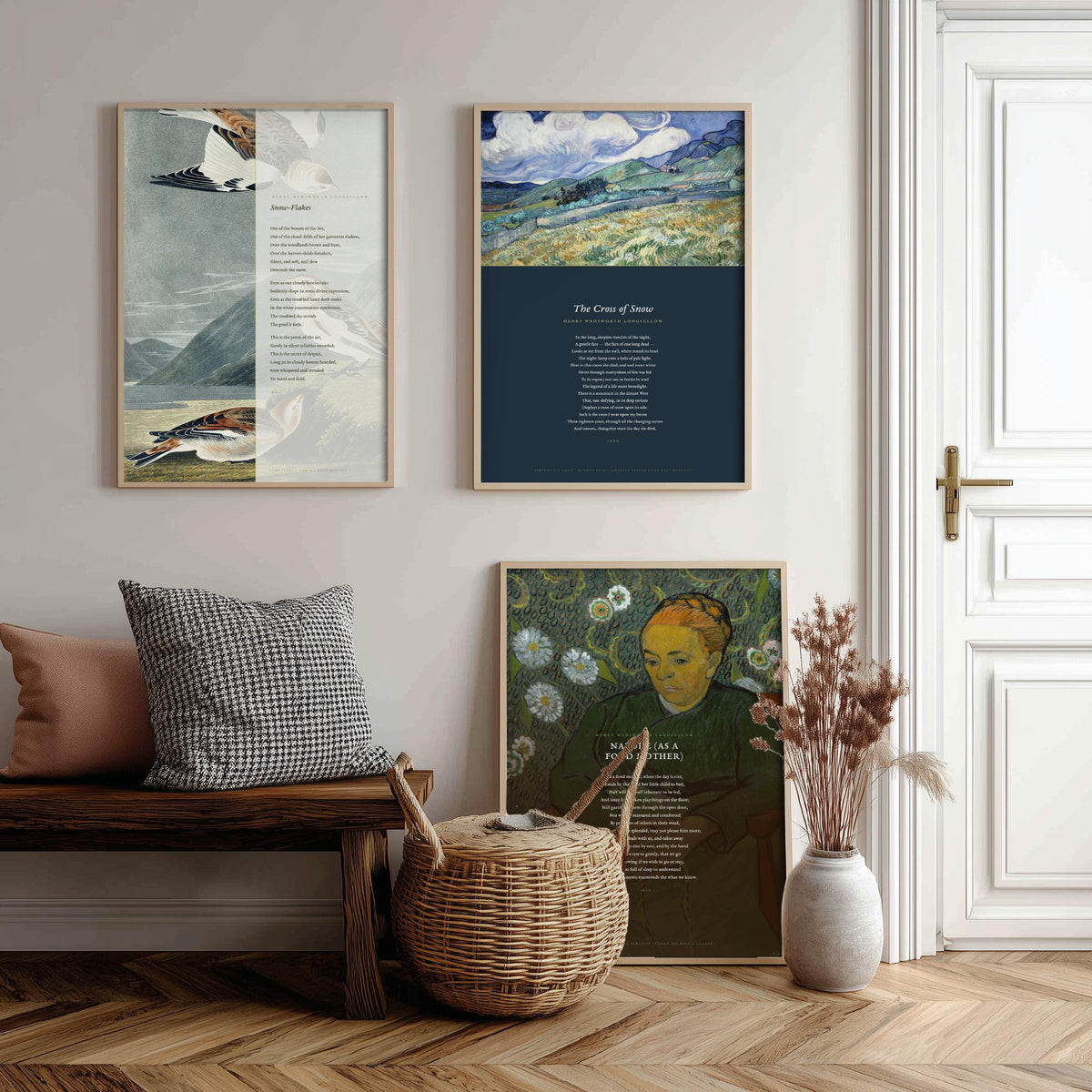 Longfellow Set of Three Art Prints - Snow-Flakes, The Cross of Snow, Nature as a Fond Mother - Full Poems over Classic Paintings - Poster V1