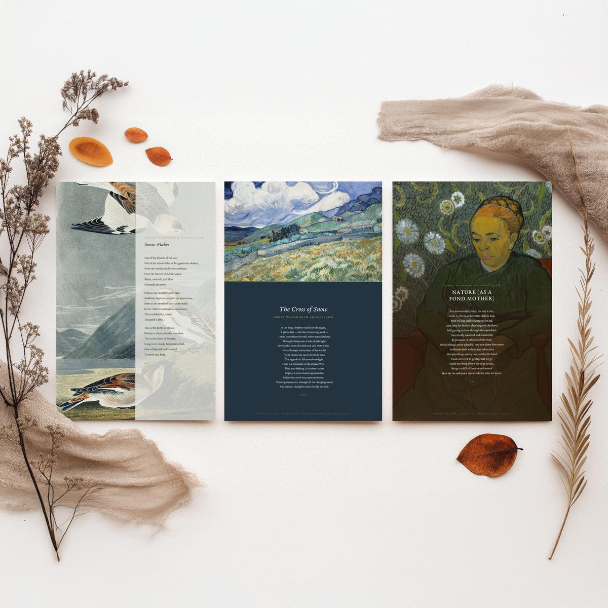Longfellow Set of Three Art Prints - Snow-Flakes, The Cross of Snow, Nature as a Fond Mother - Full Poems over Classic Paintings - Poster V1