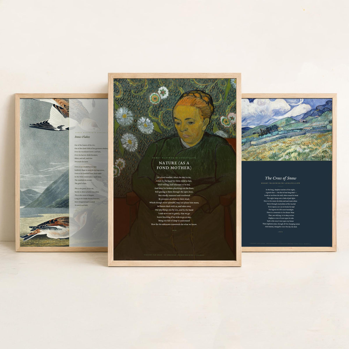 Longfellow Set of Three Art Prints - Snow-Flakes, The Cross of Snow, Nature as a Fond Mother - Full Poems over Classic Paintings - Poster V1