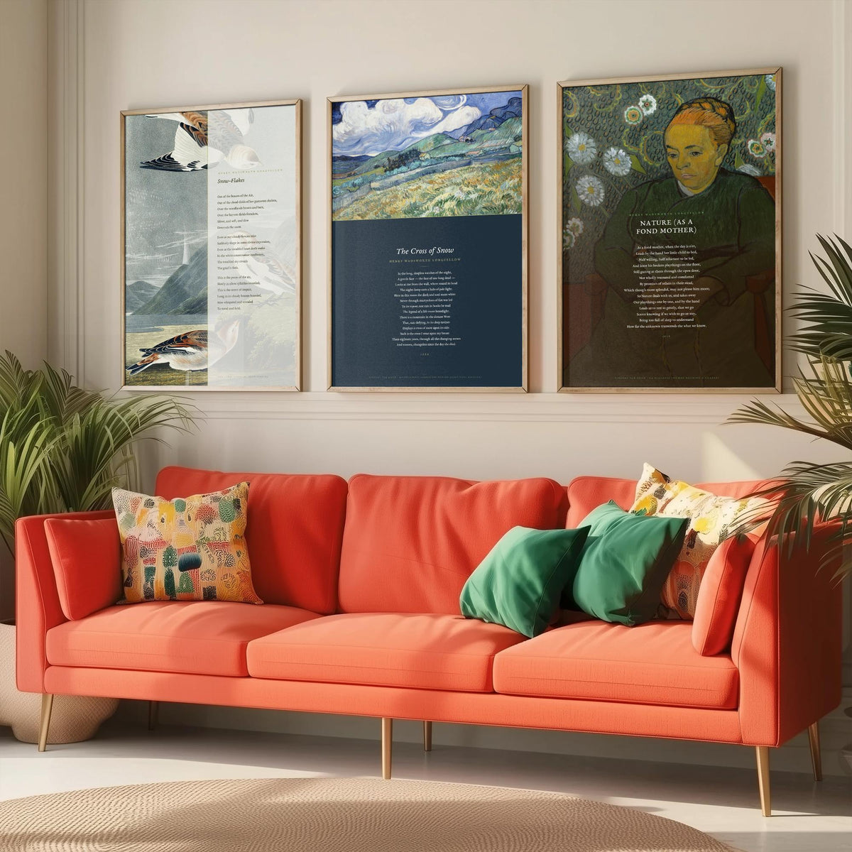 Longfellow Set of Three Art Prints - Snow-Flakes, The Cross of Snow, Nature as a Fond Mother - Full Poems over Classic Paintings - Poster V1