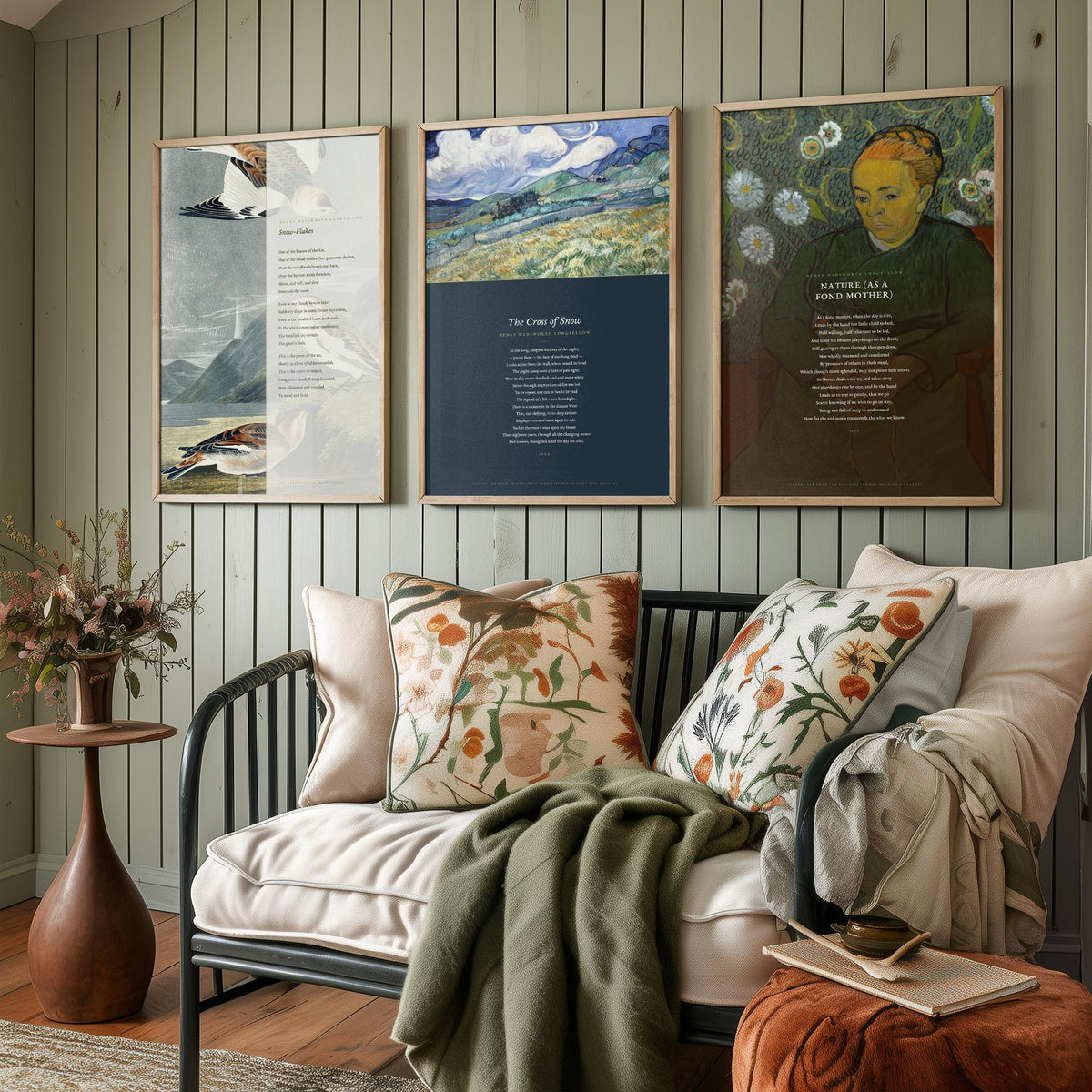 Longfellow Set of Three Art Prints - Snow-Flakes, The Cross of Snow, Nature as a Fond Mother - Full Poems over Classic Paintings - Poster V1