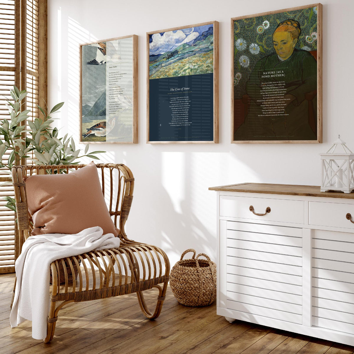 Longfellow Set of Three Art Prints - Snow-Flakes, The Cross of Snow, Nature as a Fond Mother - Full Poems over Classic Paintings - Poster V1