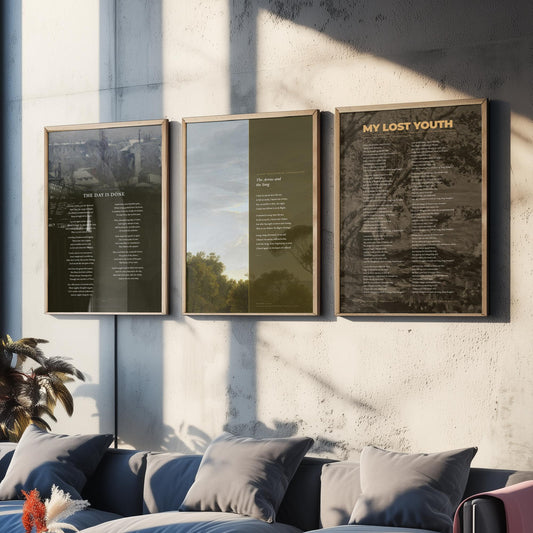 The Day Is Done by Longfellow Set of Three Art Prints - The Arrow and the Song, My Lost Youth - Poems over Caillebotte Paintings - Poster V2