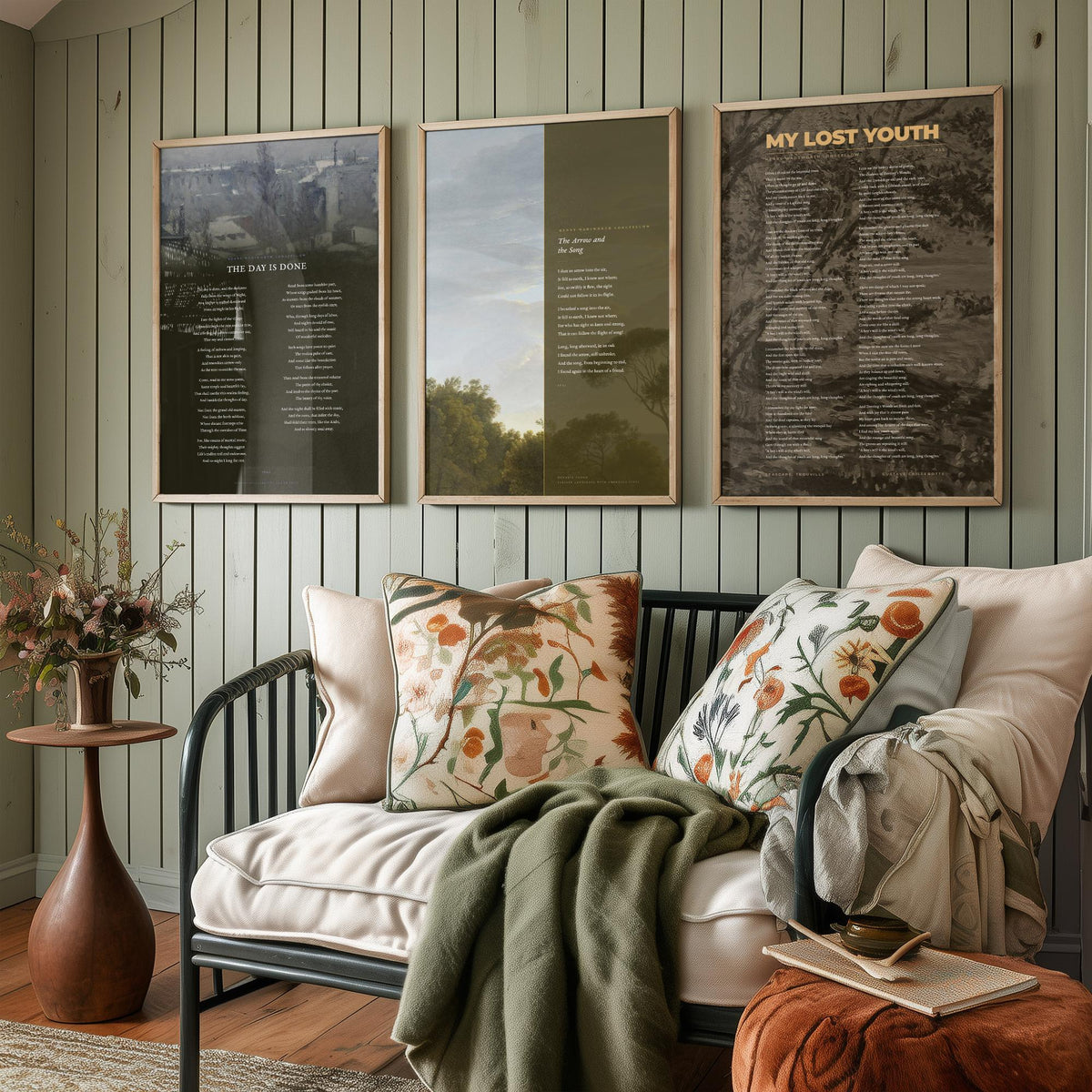 The Day Is Done by Longfellow Set of Three Art Prints - The Arrow and the Song, My Lost Youth - Poems over Caillebotte Paintings - Poster V2