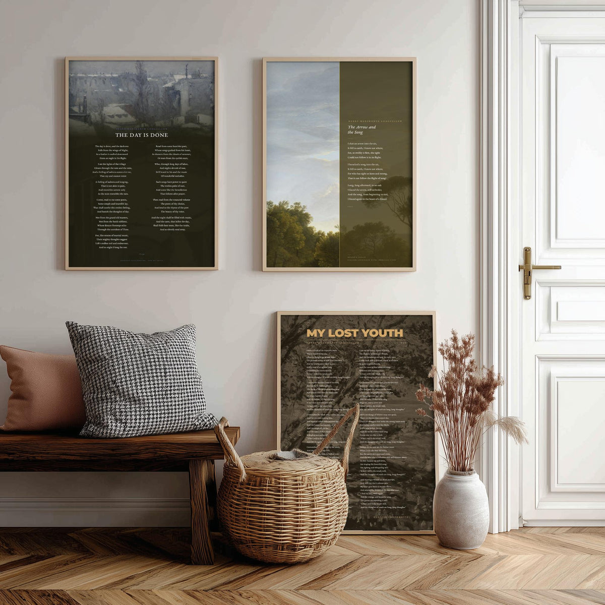 The Day Is Done by Longfellow Set of Three Art Prints - The Arrow and the Song, My Lost Youth - Poems over Caillebotte Paintings - Poster V2