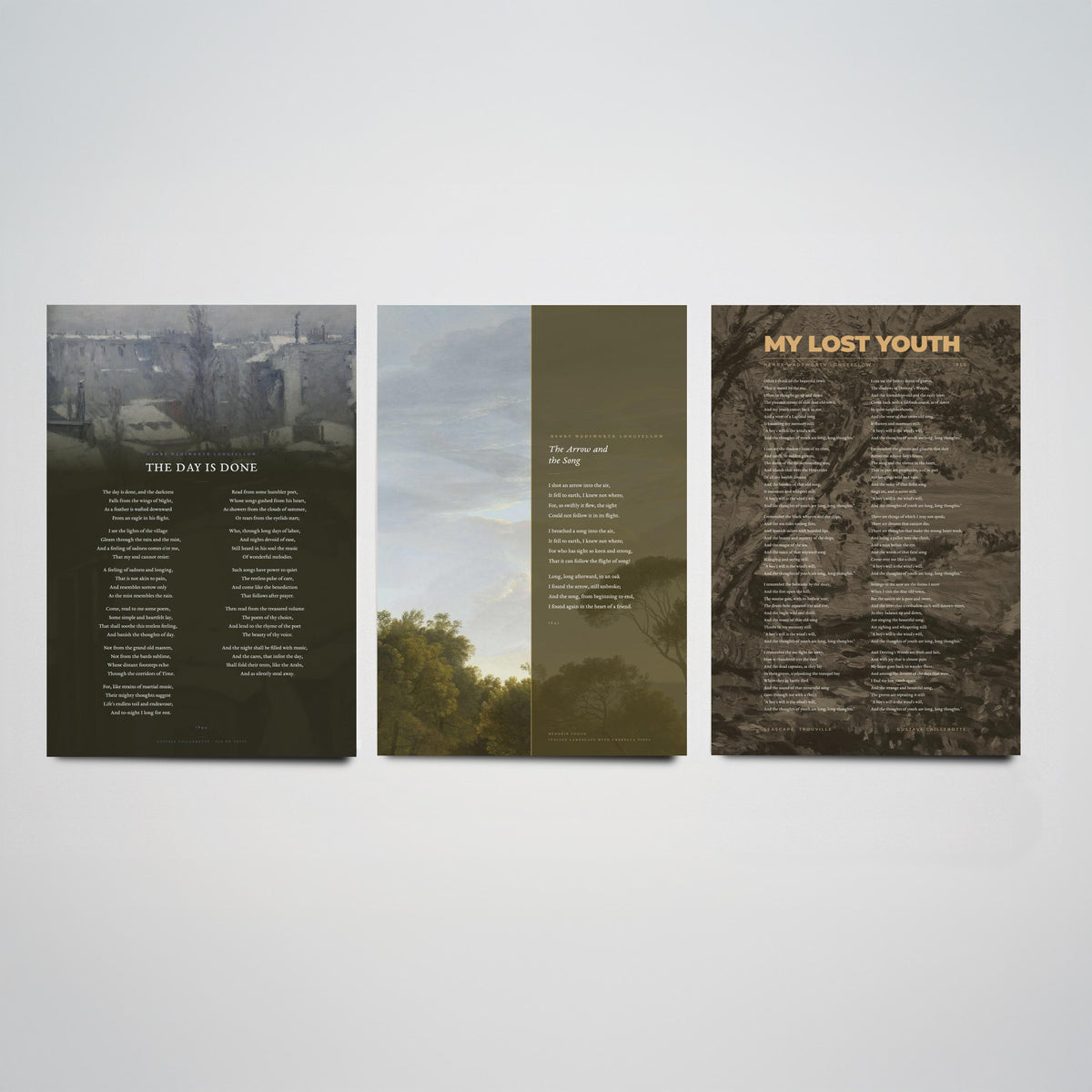 The Day Is Done by Longfellow Set of Three Art Prints - The Arrow and the Song, My Lost Youth - Poems over Caillebotte Paintings - Poster V2