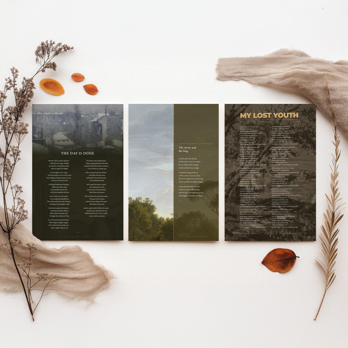 The Day Is Done by Longfellow Set of Three Art Prints - The Arrow and the Song, My Lost Youth - Poems over Caillebotte Paintings - Poster V2