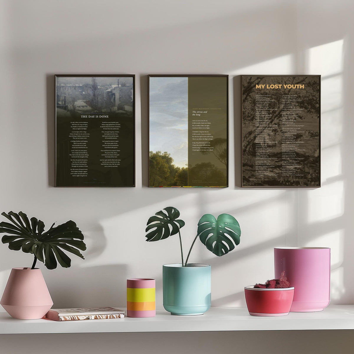 The Day Is Done by Longfellow Set of Three Art Prints - The Arrow and the Song, My Lost Youth - Poems over Caillebotte Paintings - Poster V2
