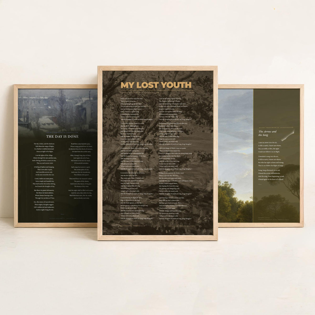The Day Is Done by Longfellow Set of Three Art Prints - The Arrow and the Song, My Lost Youth - Poems over Caillebotte Paintings - Poster V2