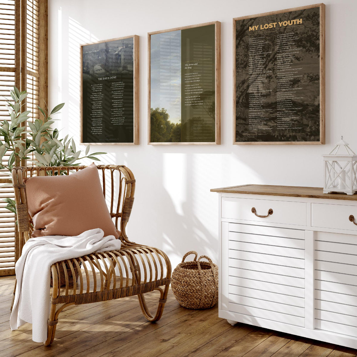 The Day Is Done by Longfellow Set of Three Art Prints - The Arrow and the Song, My Lost Youth - Poems over Caillebotte Paintings - Poster V2
