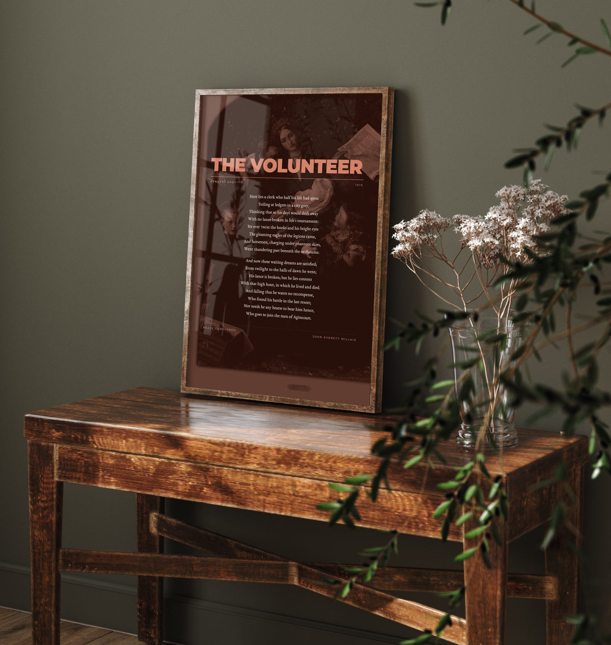 The Volunteer by Herbert Asquith Art Print - Full Poem over Millais Peace Concluded Painting - First World War Poetry Poster