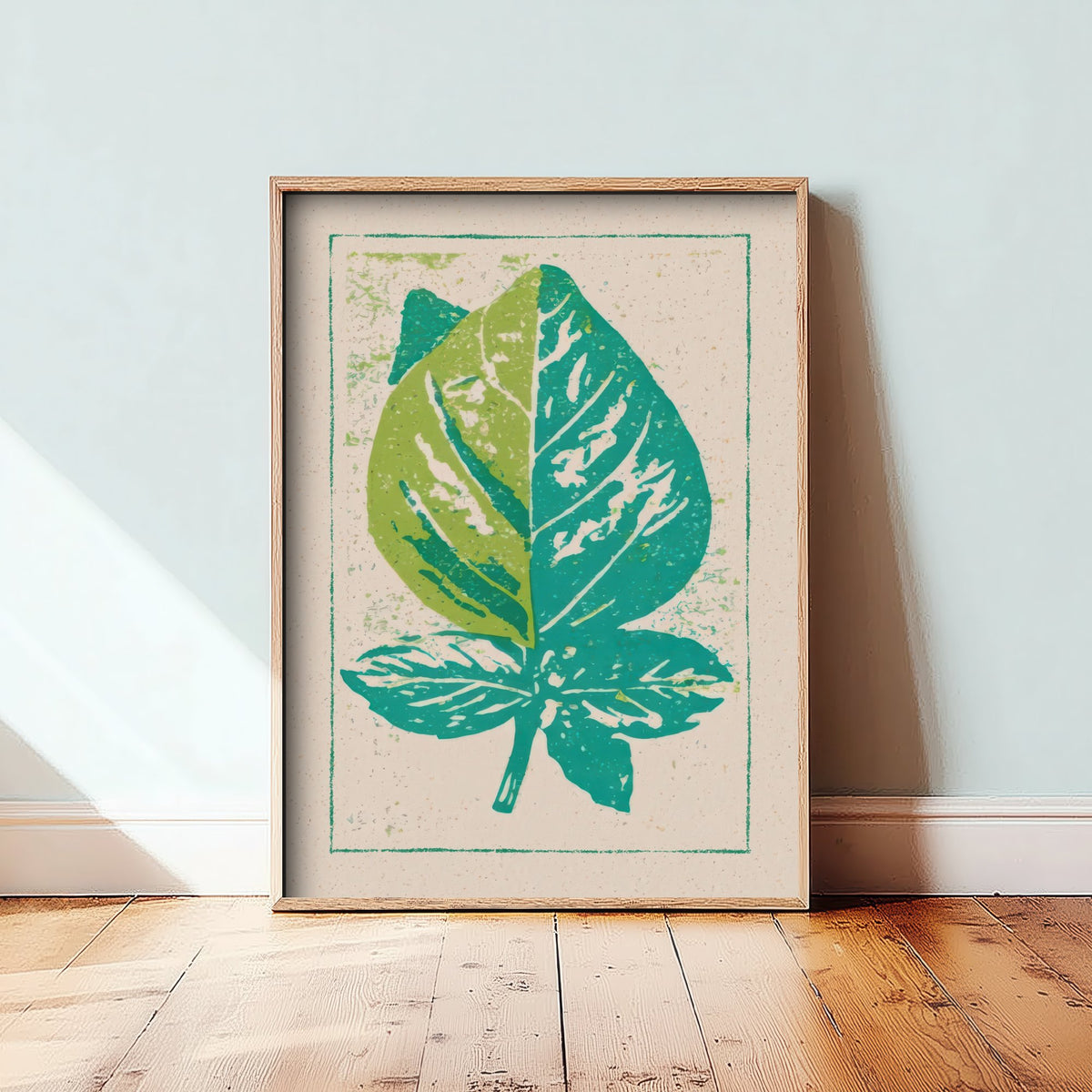 Basil Leaf Art Print - Fresh Herb Kitchen Poster - Lime and Teal Linocut Style Woodcut V2 1/3