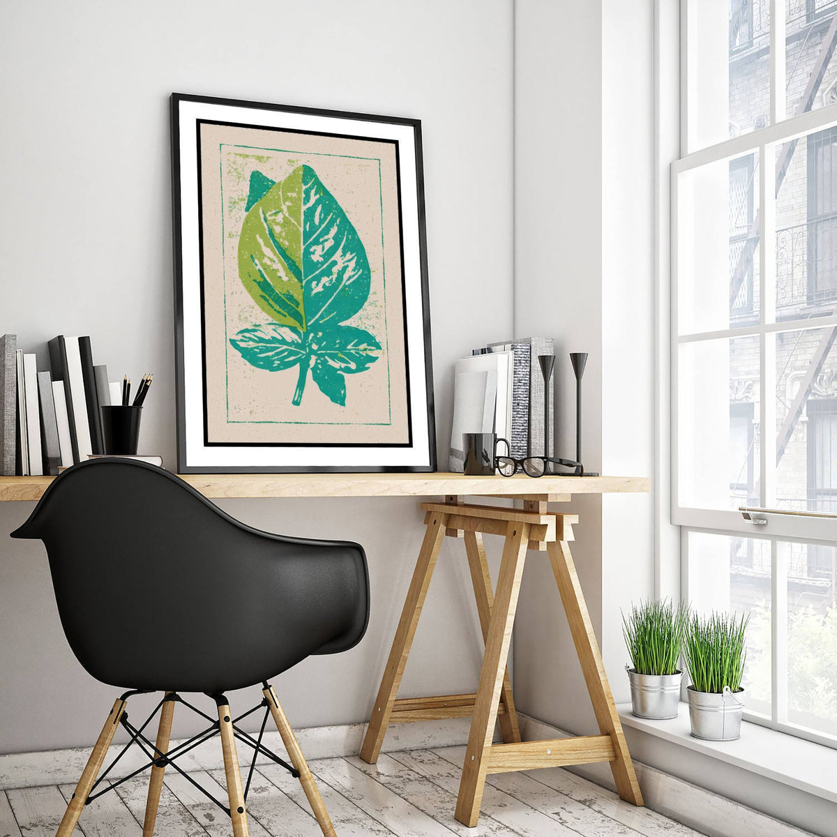 Basil Leaf Art Print - Fresh Herb Kitchen Poster - Lime and Teal Linocut Style Woodcut V2 1/3