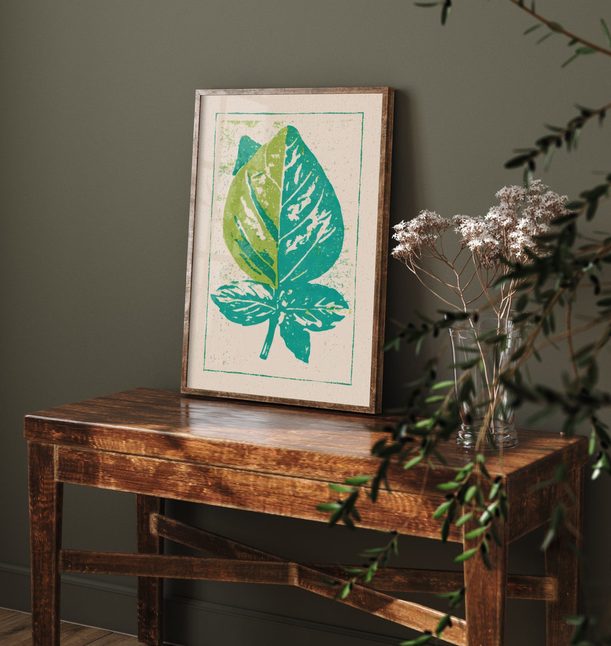 Basil Leaf Art Print - Fresh Herb Kitchen Poster - Lime and Teal Linocut Style Woodcut V2 1/3