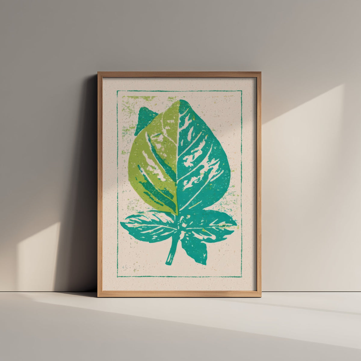 Basil Leaf Art Print - Fresh Herb Kitchen Poster - Lime and Teal Linocut Style Woodcut V2 1/3