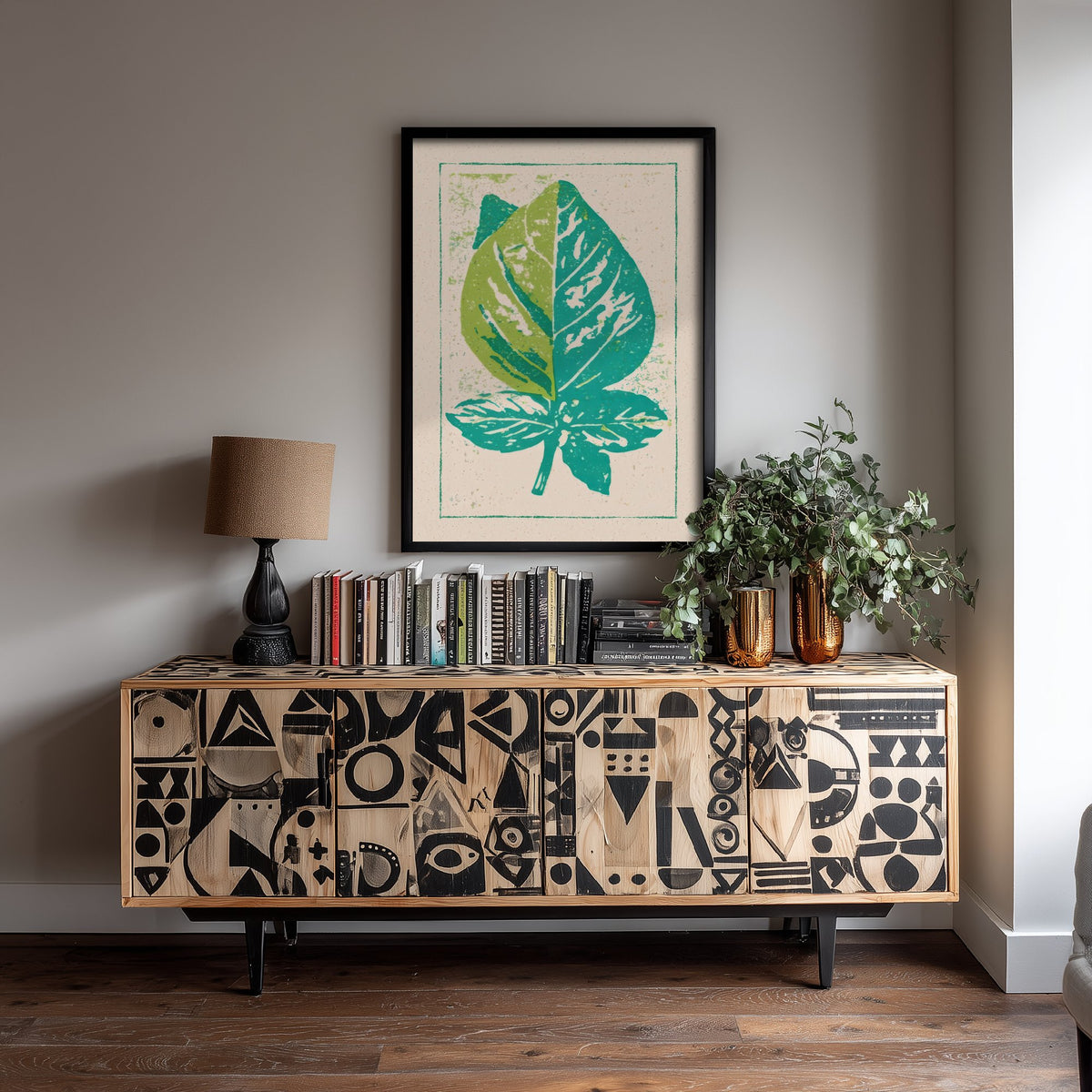 Basil Leaf Art Print - Fresh Herb Kitchen Poster - Lime and Teal Linocut Style Woodcut V2 1/3