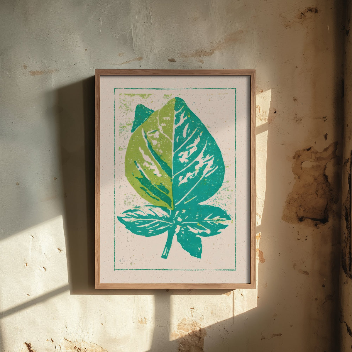 Basil Leaf Art Print - Fresh Herb Kitchen Poster - Lime and Teal Linocut Style Woodcut V2 1/3