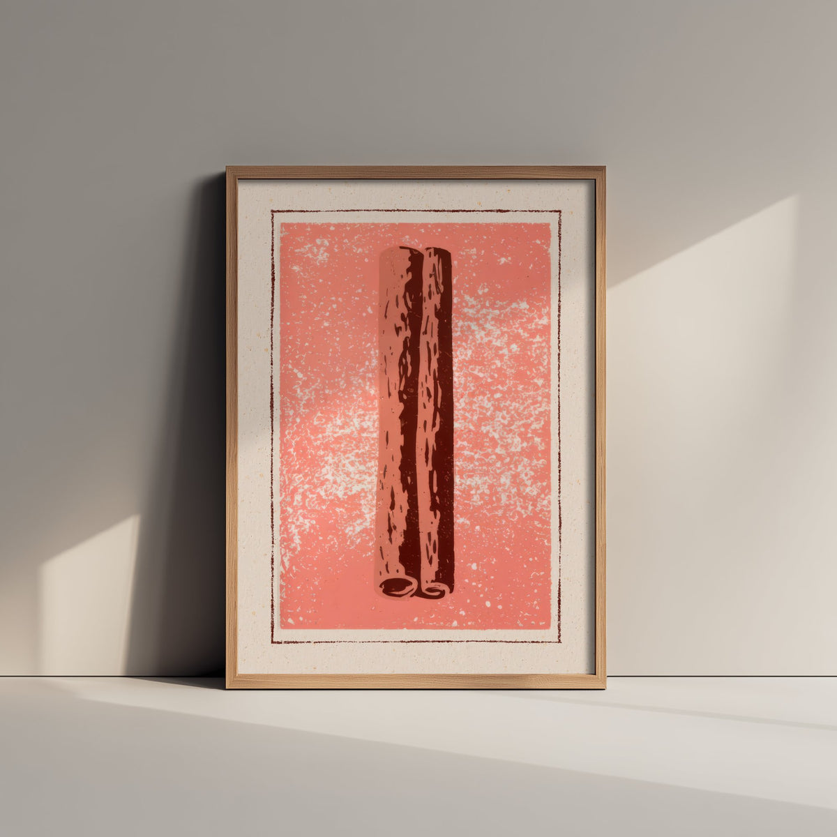 Cinnamon Stick Art Print - Warm Spice Kitchen Poster - Salmon Pink and Brown Woodcut V2 2/3