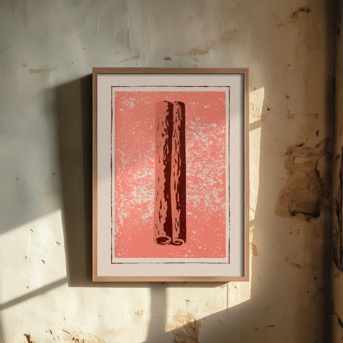 Cinnamon Stick Art Print - Warm Spice Kitchen Poster - Salmon Pink and Brown Woodcut V2 2/3