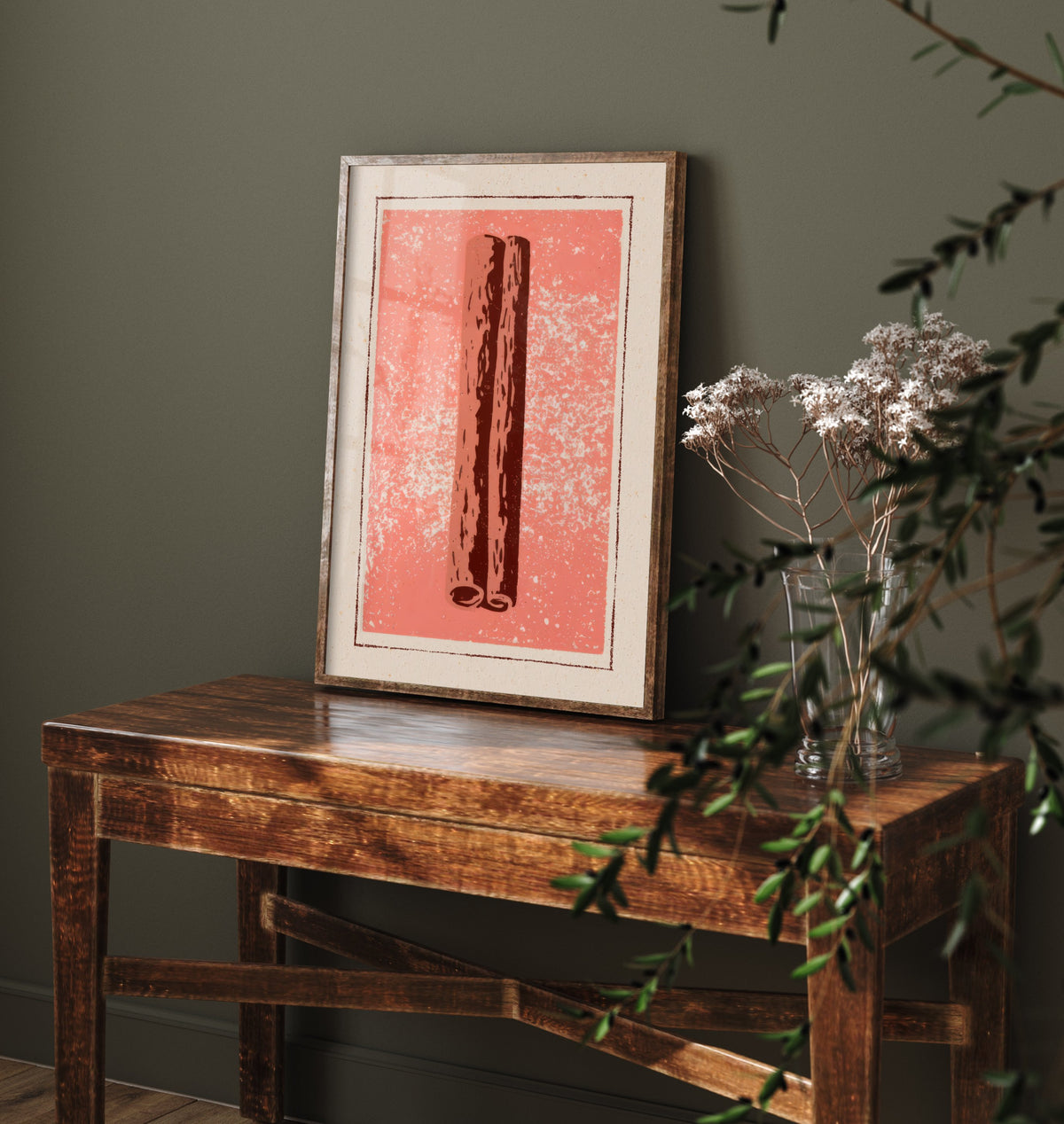 Cinnamon Stick Art Print - Warm Spice Kitchen Poster - Salmon Pink and Brown Woodcut V2 2/3