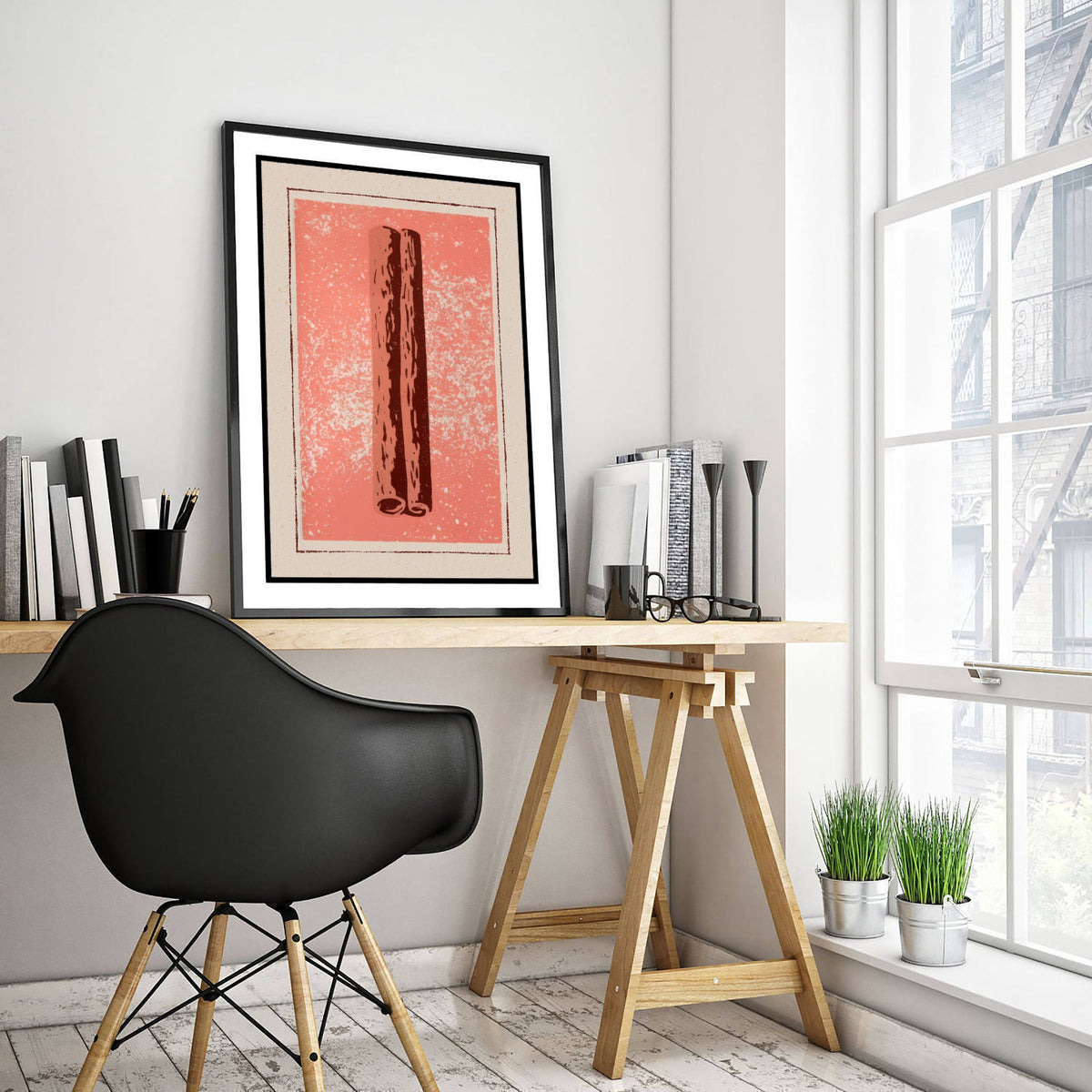 Cinnamon Stick Art Print - Warm Spice Kitchen Poster - Salmon Pink and Brown Woodcut V2 2/3