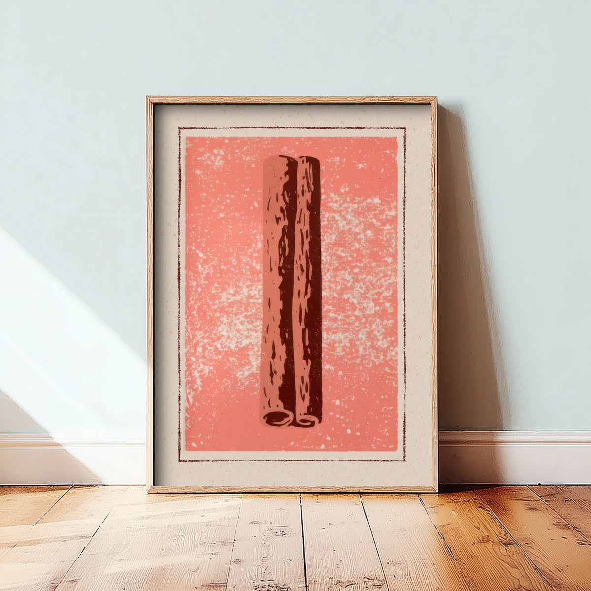 Cinnamon Stick Art Print - Warm Spice Kitchen Poster - Salmon Pink and Brown Woodcut V2 2/3