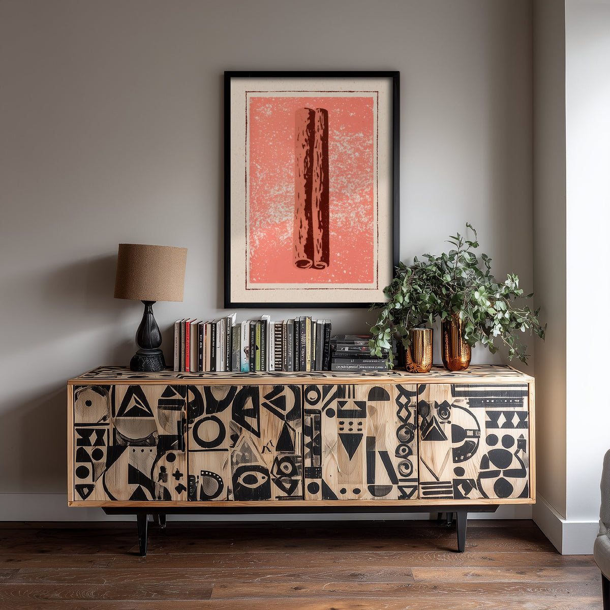 Cinnamon Stick Art Print - Warm Spice Kitchen Poster - Salmon Pink and Brown Woodcut V2 2/3