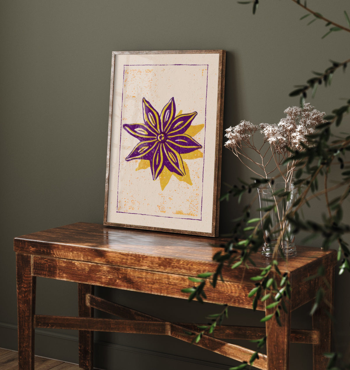 Star Anise Art Print - Purple Spice Kitchen Poster - Golden Star Woodcut V2 3/3