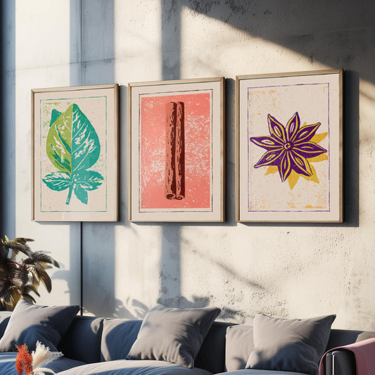 Herbs and Spices Set of Three Art Prints - Basil, Cinnamon, Star Anise - Rustic Kitchen Poster Woodcut Illustration V2