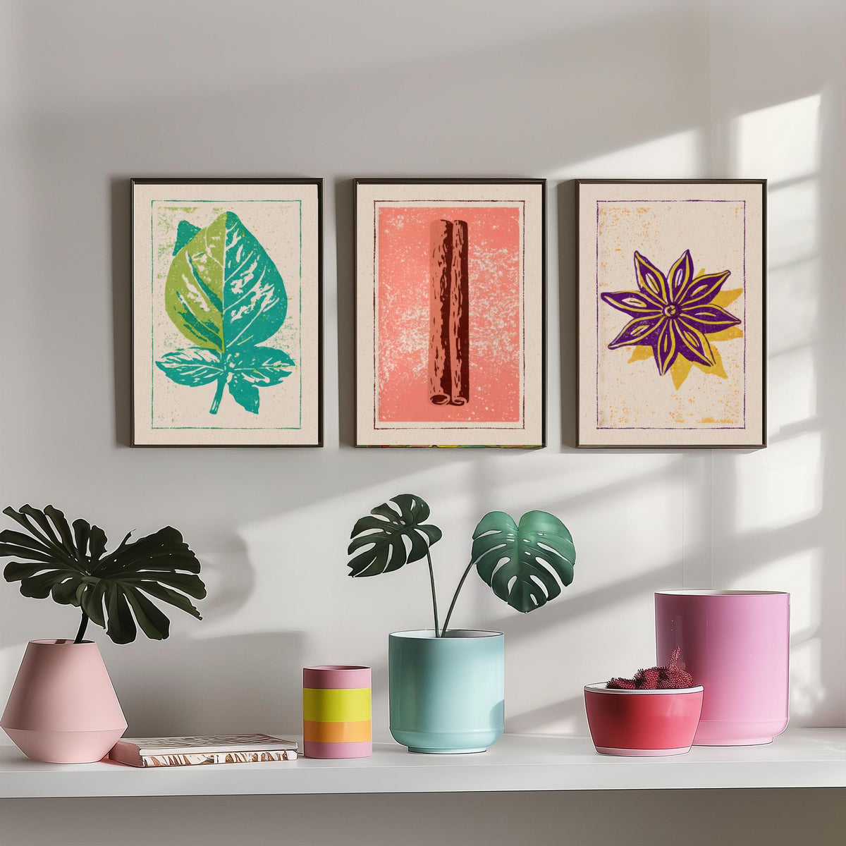 Herbs and Spices Set of Three Art Prints - Basil, Cinnamon, Star Anise - Rustic Kitchen Poster Woodcut Illustration V2