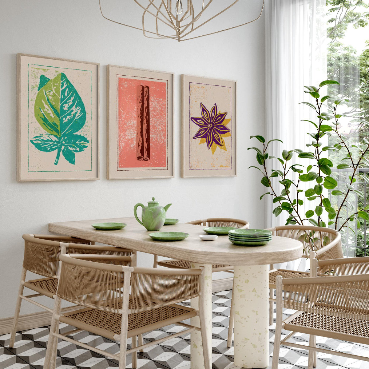 Herbs and Spices Set of Three Art Prints - Basil, Cinnamon, Star Anise - Rustic Kitchen Poster Woodcut Illustration V2