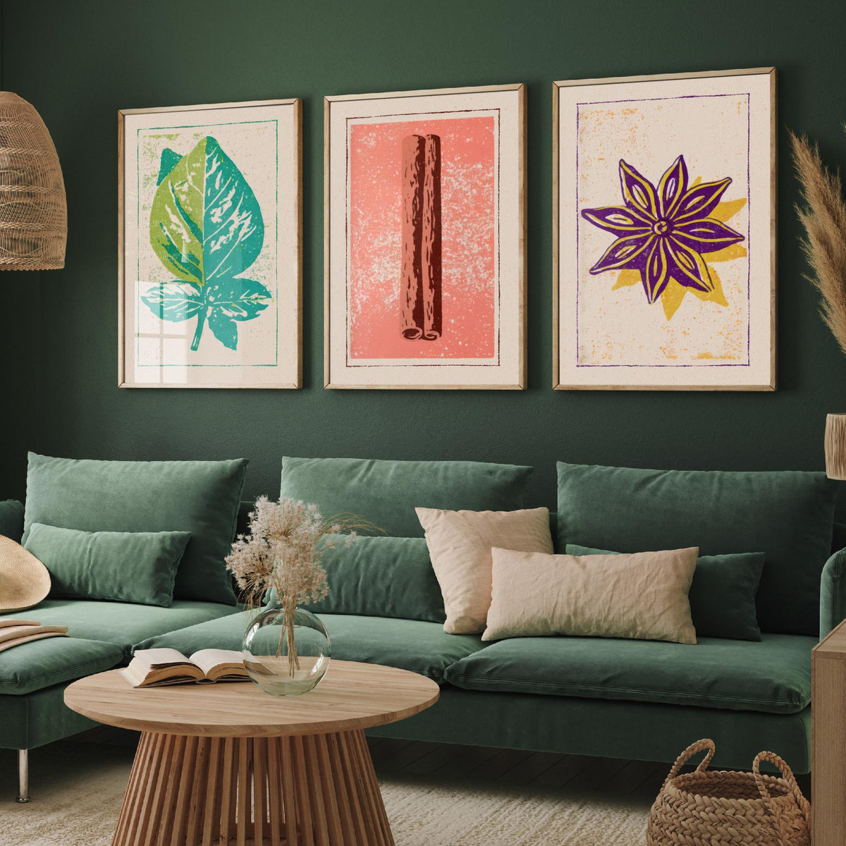 Herbs and Spices Set of Three Art Prints - Basil, Cinnamon, Star Anise - Rustic Kitchen Poster Woodcut Illustration V2