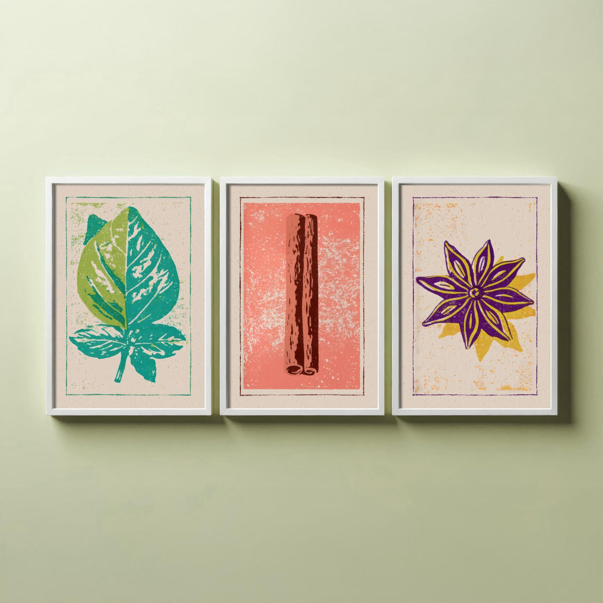 Herbs and Spices Set of Three Art Prints - Basil, Cinnamon, Star Anise - Rustic Kitchen Poster Woodcut Illustration V2