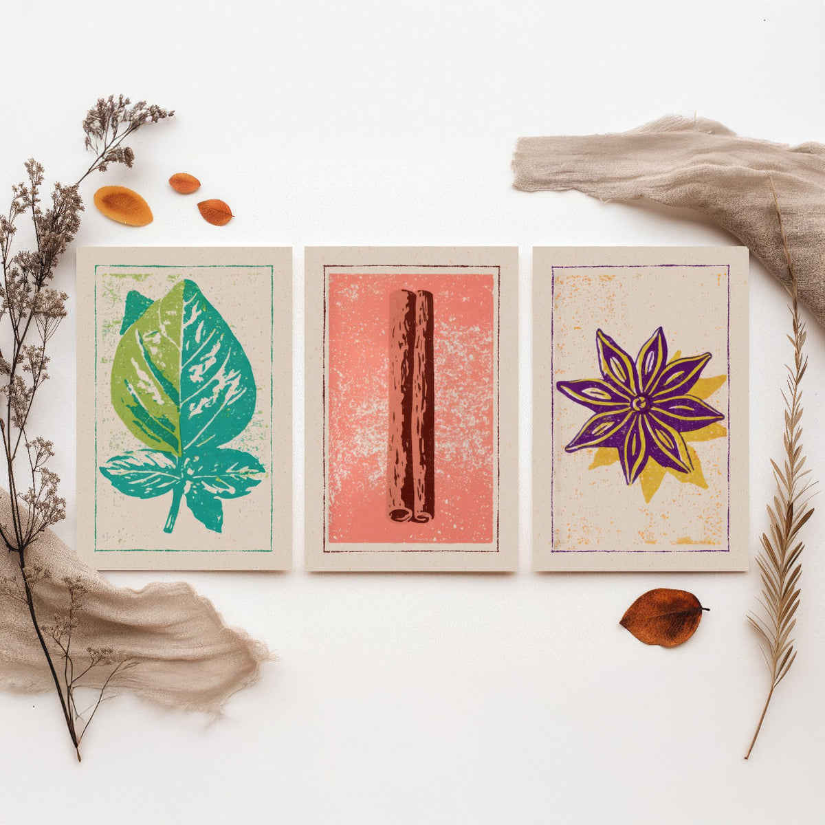 Herbs and Spices Set of Three Art Prints - Basil, Cinnamon, Star Anise - Rustic Kitchen Poster Woodcut Illustration V2