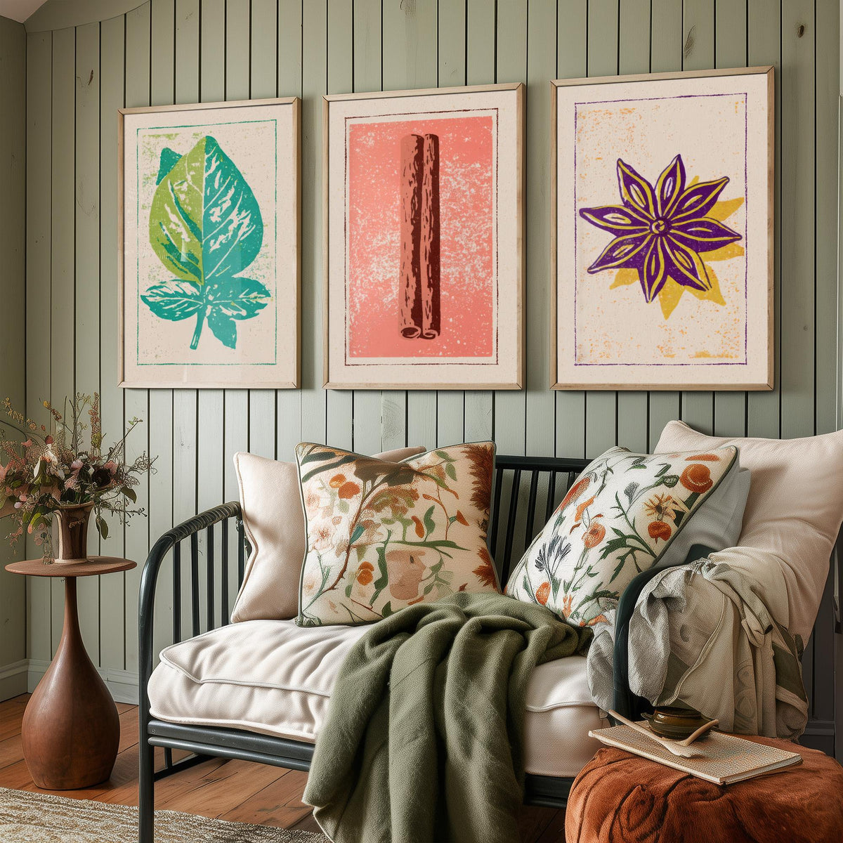 Herbs and Spices Set of Three Art Prints - Basil, Cinnamon, Star Anise - Rustic Kitchen Poster Woodcut Illustration V2