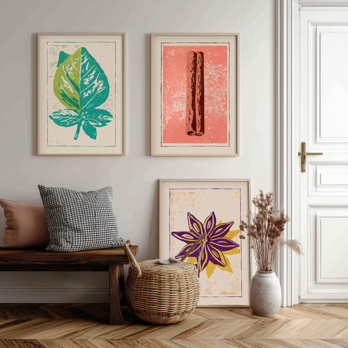 Herbs and Spices Set of Three Art Prints - Basil, Cinnamon, Star Anise - Rustic Kitchen Poster Woodcut Illustration V2
