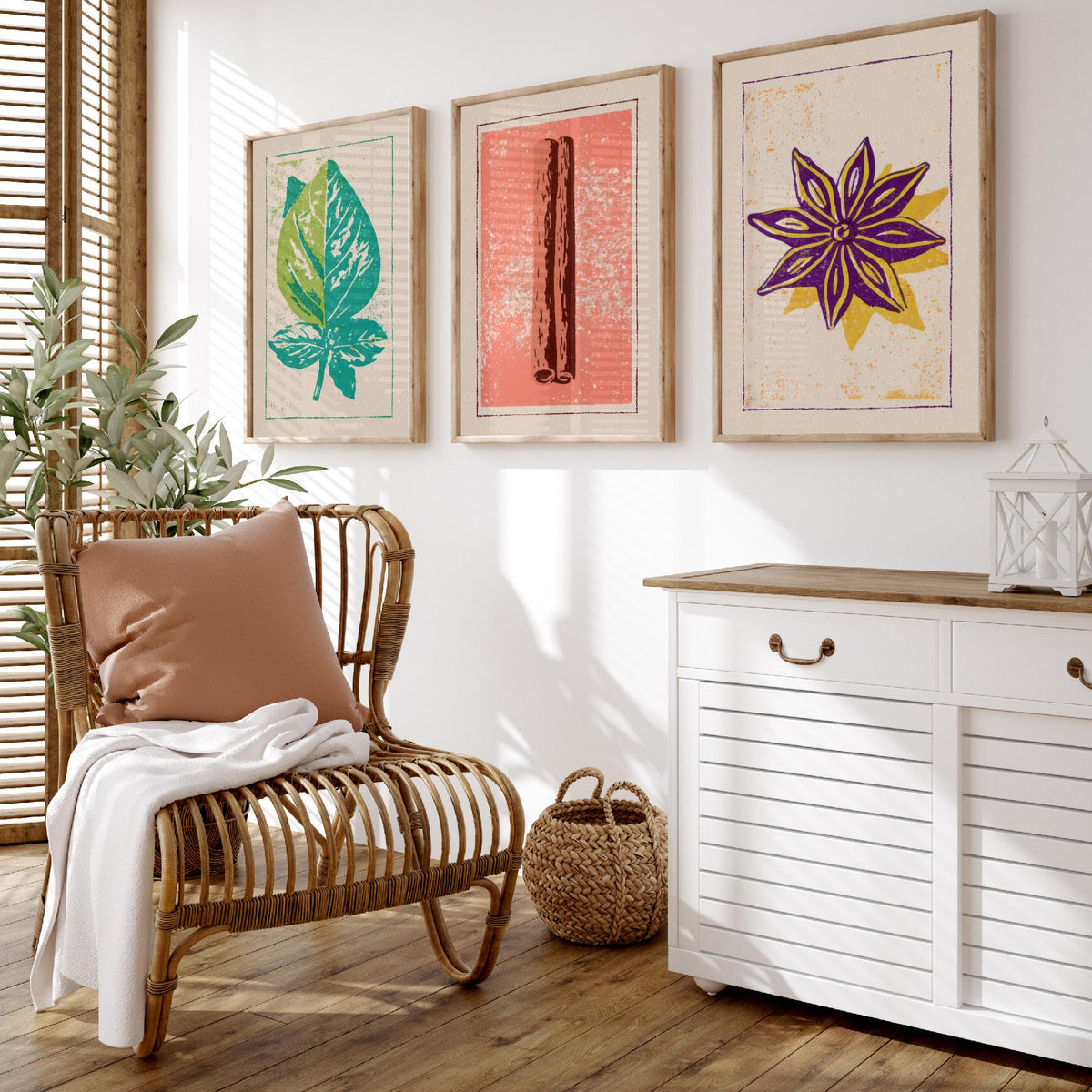 Herbs and Spices Set of Three Art Prints - Basil, Cinnamon, Star Anise - Rustic Kitchen Poster Woodcut Illustration V2