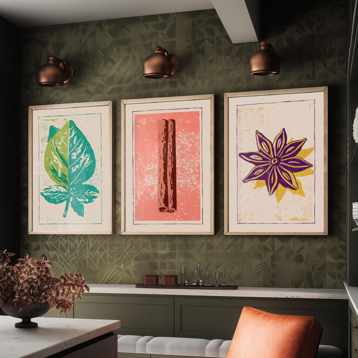 Herbs and Spices Set of Three Art Prints - Basil, Cinnamon, Star Anise - Rustic Kitchen Poster Woodcut Illustration V2