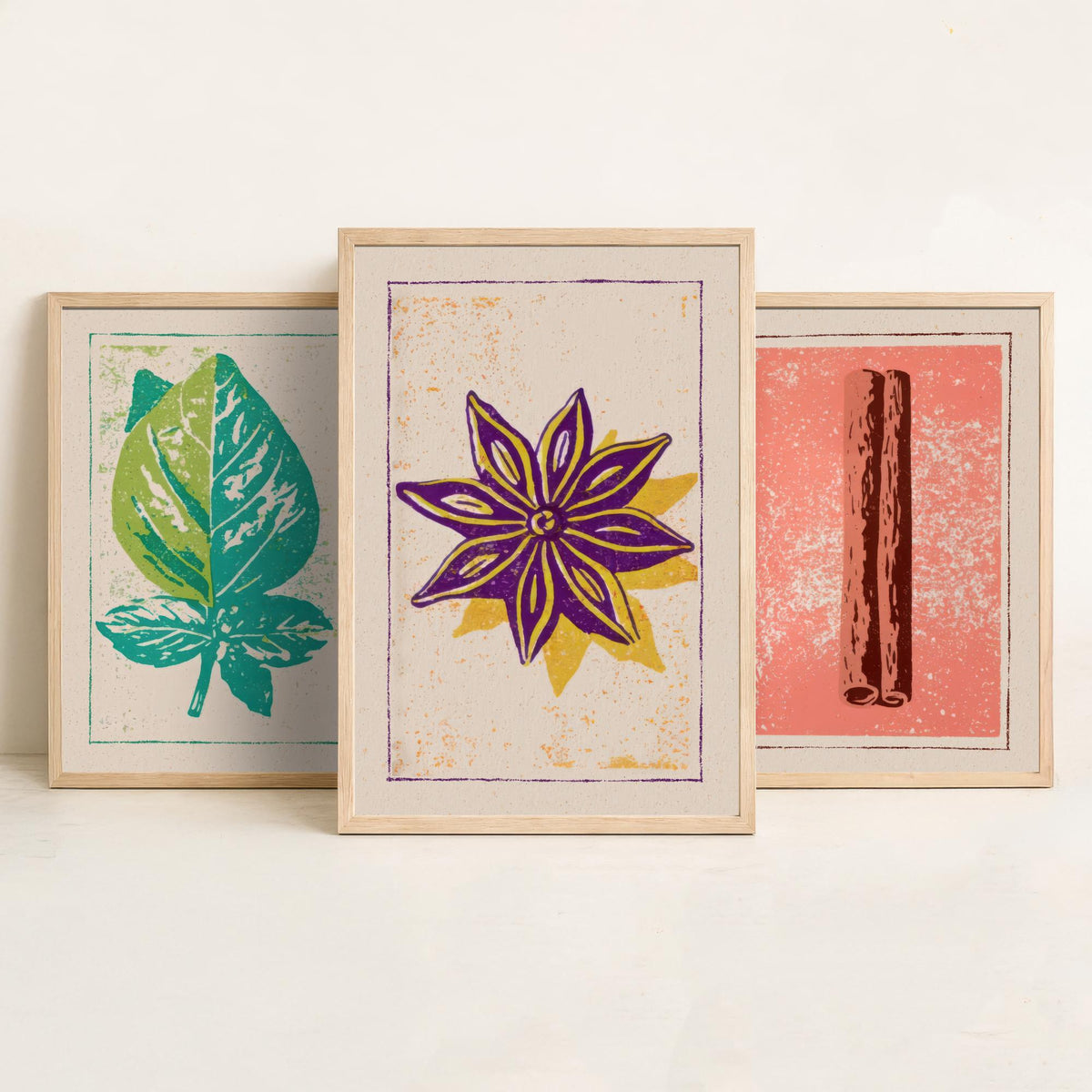 Herbs and Spices Set of Three Art Prints - Basil, Cinnamon, Star Anise - Rustic Kitchen Poster Woodcut Illustration V2