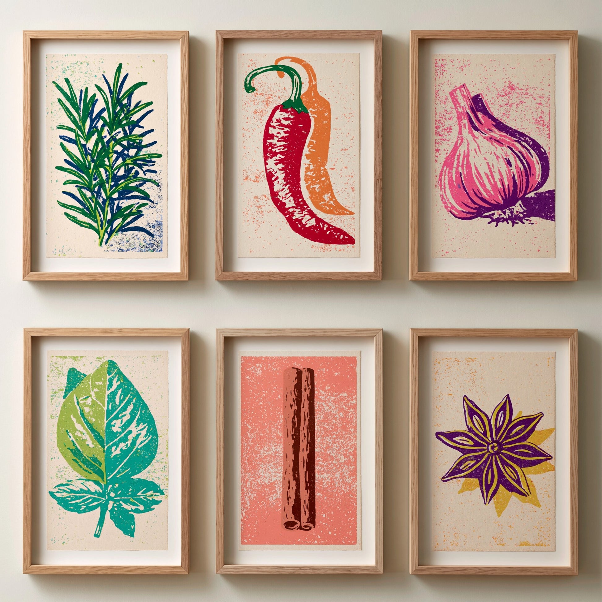 Set of Six Herbs and Spices Linocut Art Prints - 6 Kitchen Illustrations - Rosemary, Chilli, Garlic, Basil, Cinnamon, Star Anise - Poster