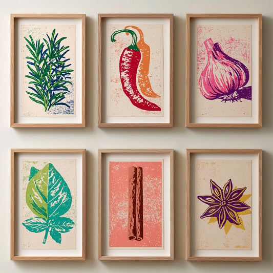 Set of Six Herbs and Spices Linocut Art Prints - 6 Kitchen Illustrations - Rosemary, Chilli, Garlic, Basil, Cinnamon, Star Anise - Poster