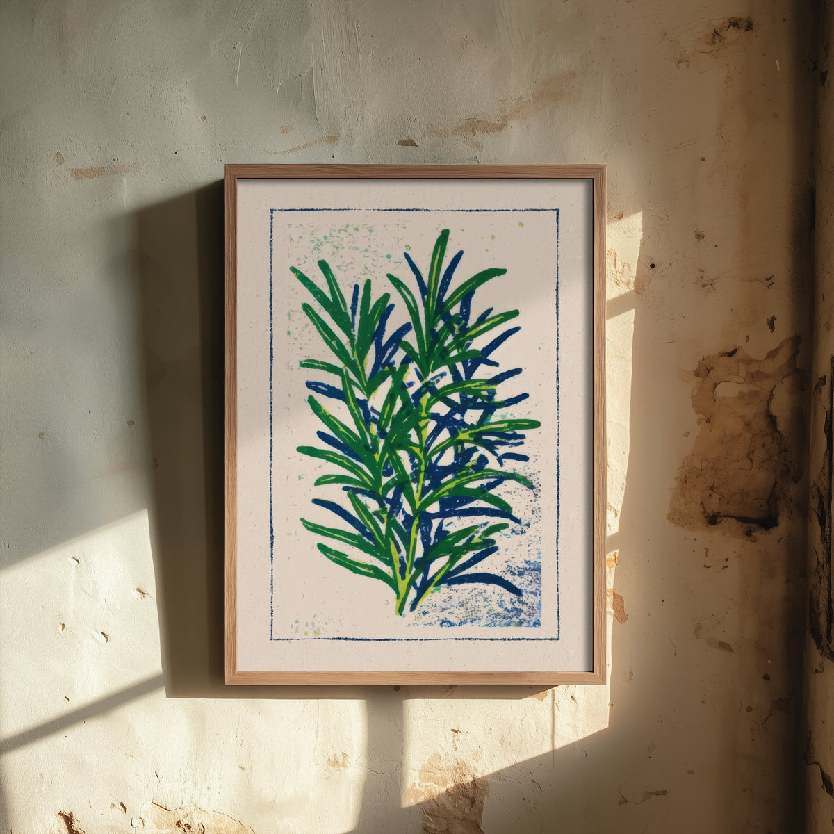 Rosemary Sprig Art Print - Herb Garden Kitchen Poster - Green and Navy Woodcut V1 1/3