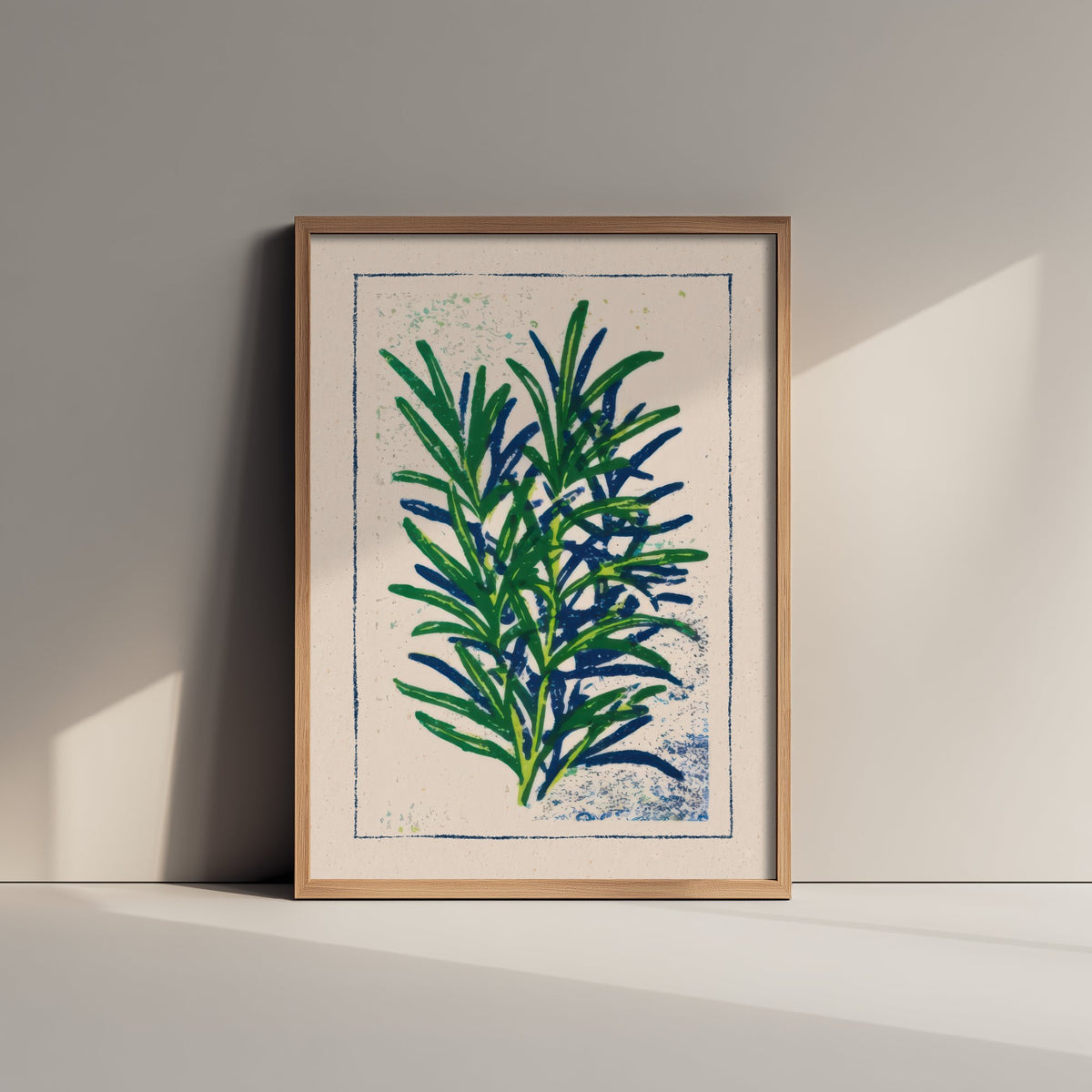 Rosemary Sprig Art Print - Herb Garden Kitchen Poster - Green and Navy Woodcut V1 1/3