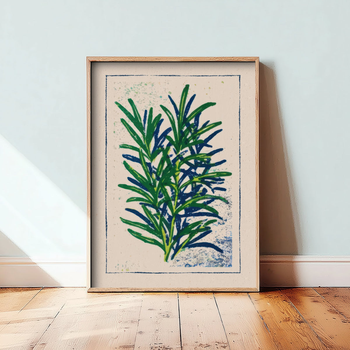 Rosemary Sprig Art Print - Herb Garden Kitchen Poster - Green and Navy Woodcut V1 1/3