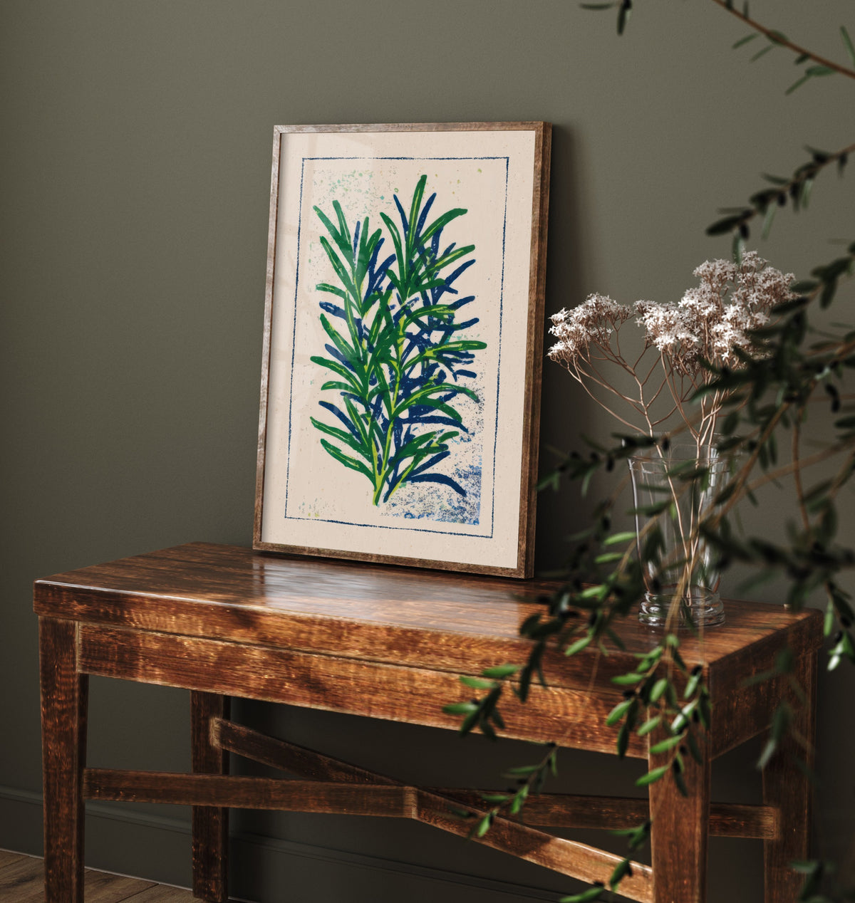 Rosemary Sprig Art Print - Herb Garden Kitchen Poster - Green and Navy Woodcut V1 1/3